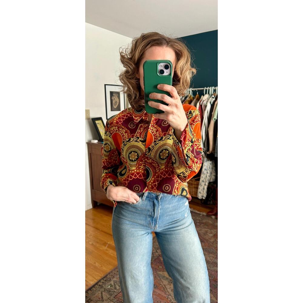 Vintage 90's Patterned 100% Silk Long Sleeve Button Down Blouse | 90s Style